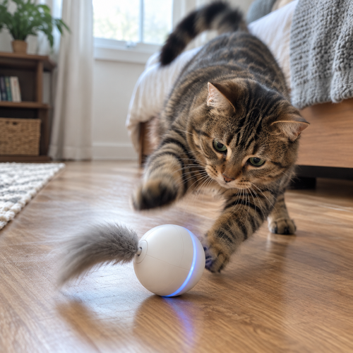 A tabby cat mid-pounce on the Nightpounce Roller