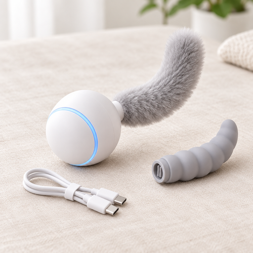 The Roller with its fluffy tail, the silicone tail and the USB-C cable