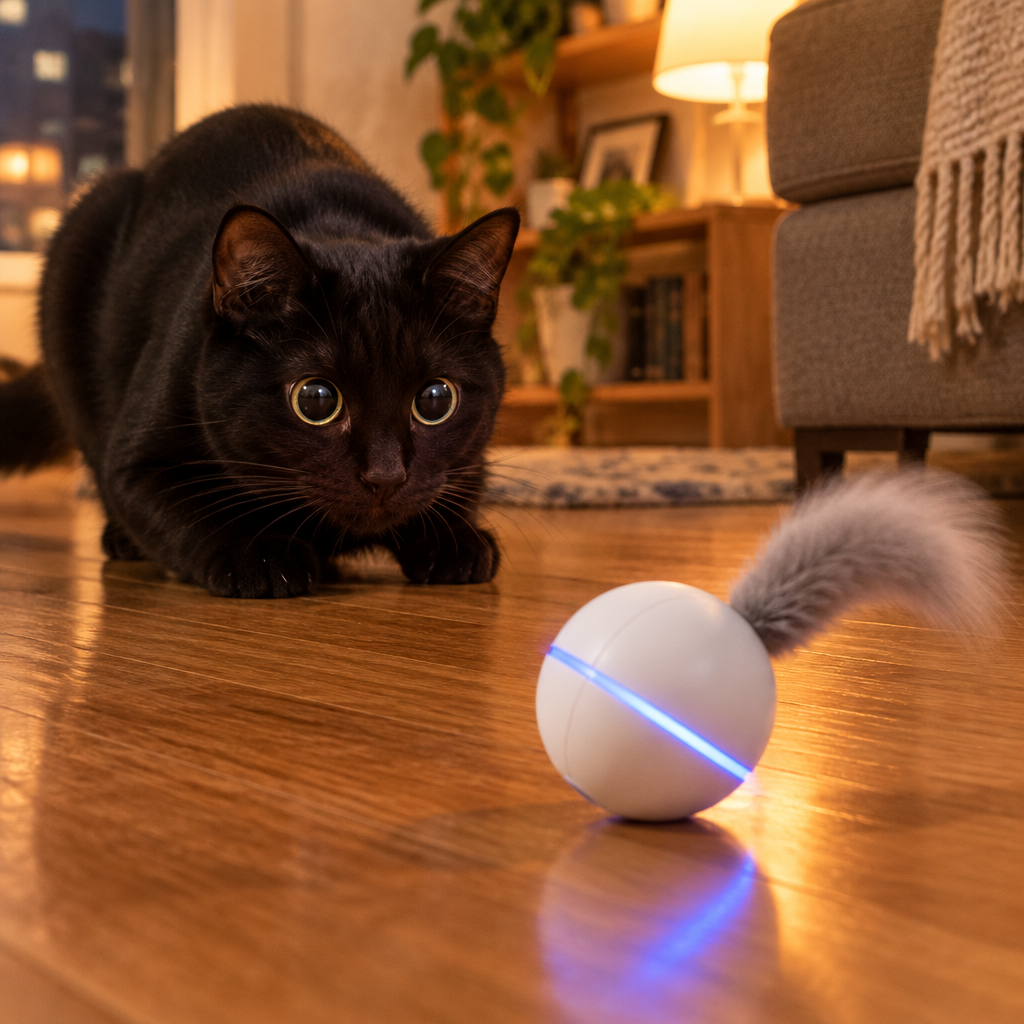 A black cat crouched, staring at the rolling ball