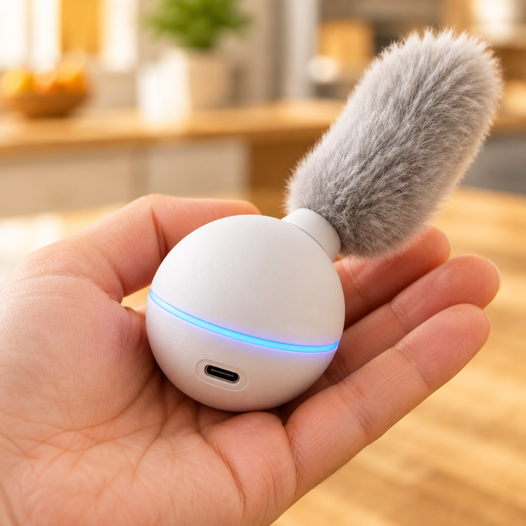 The Roller in a hand showing the tail plug and USB-C port