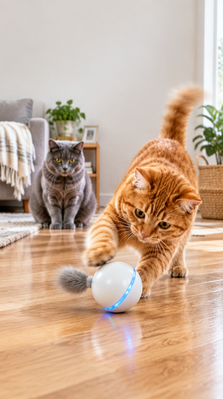 Two cats, one Roller: one playing, one waiting
