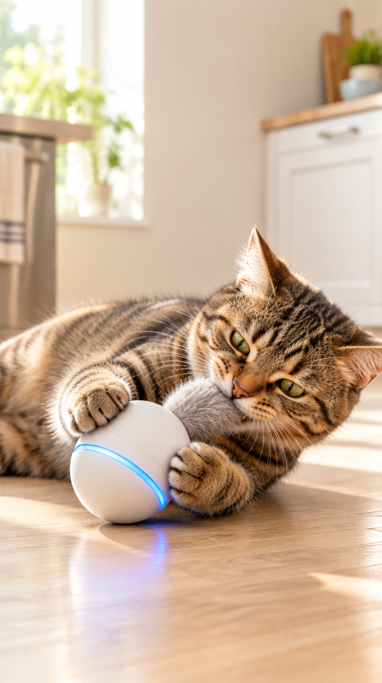 A tabby hugging the Roller and chewing the fluffy tail