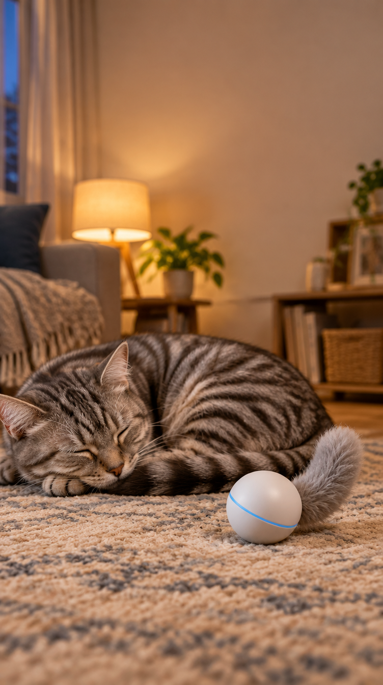 A grey tabby asleep beside the Roller with its light off